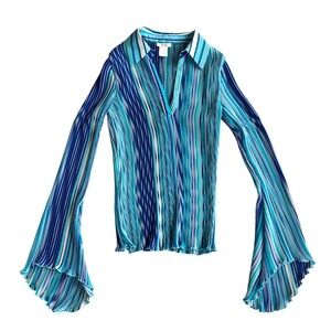 Vintage Cache Blue Striped Plisse Pleated Bell Sleeve Top crinkle Medium 90s y2k